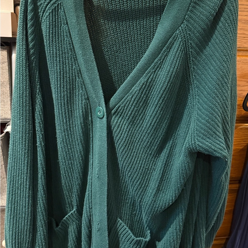 Woman Within Teal Ribbed Cardigan